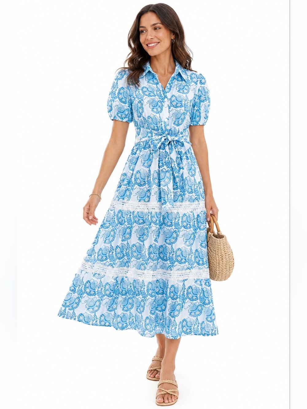 Grace Karin Blue and White Paisley Maxi Shirtwaist Dress